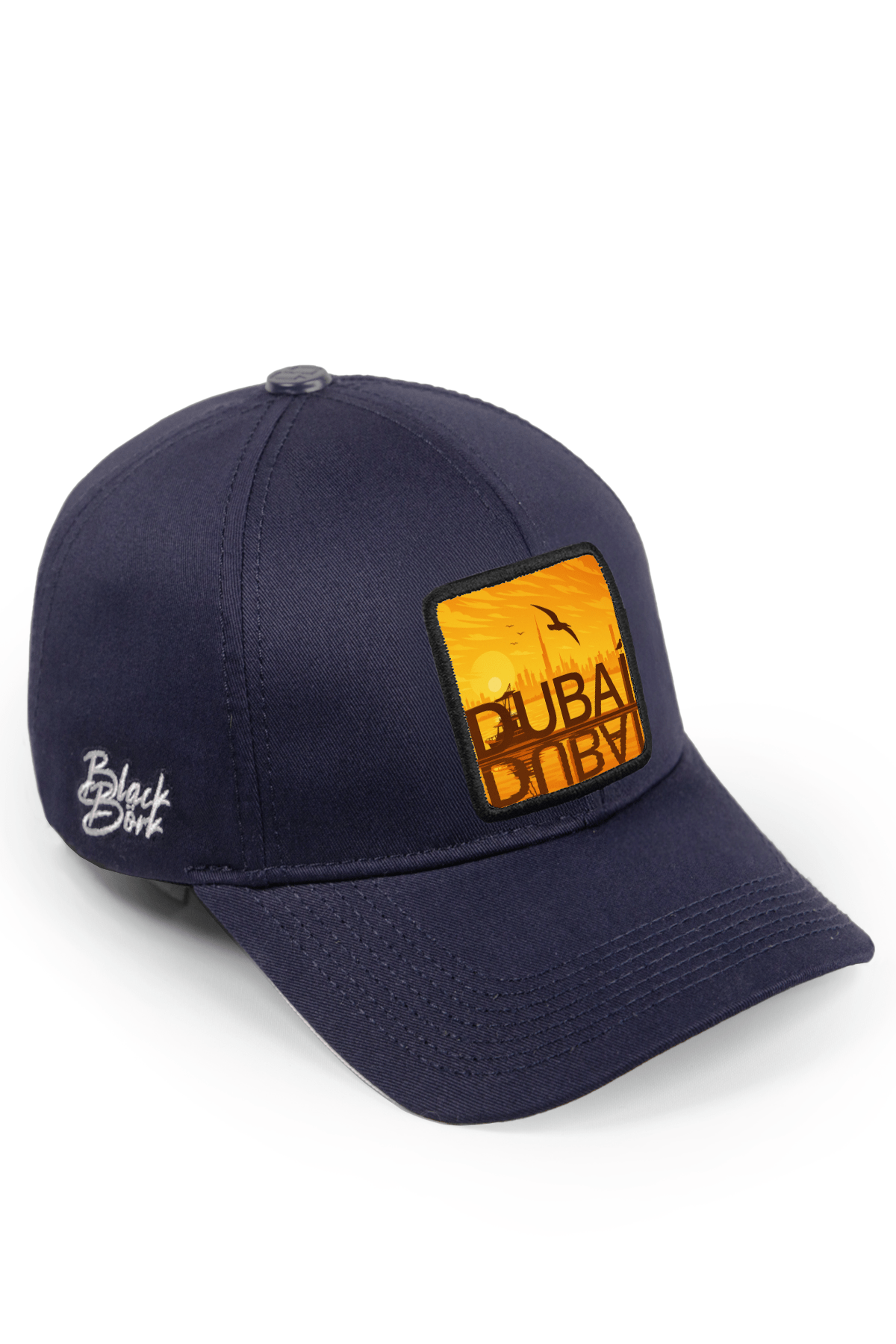 Dubai, UAE, Shopiva BlackBörk Dubai Sunset Skyline Baseball Hat – navy unisex cap with sunset embroidery