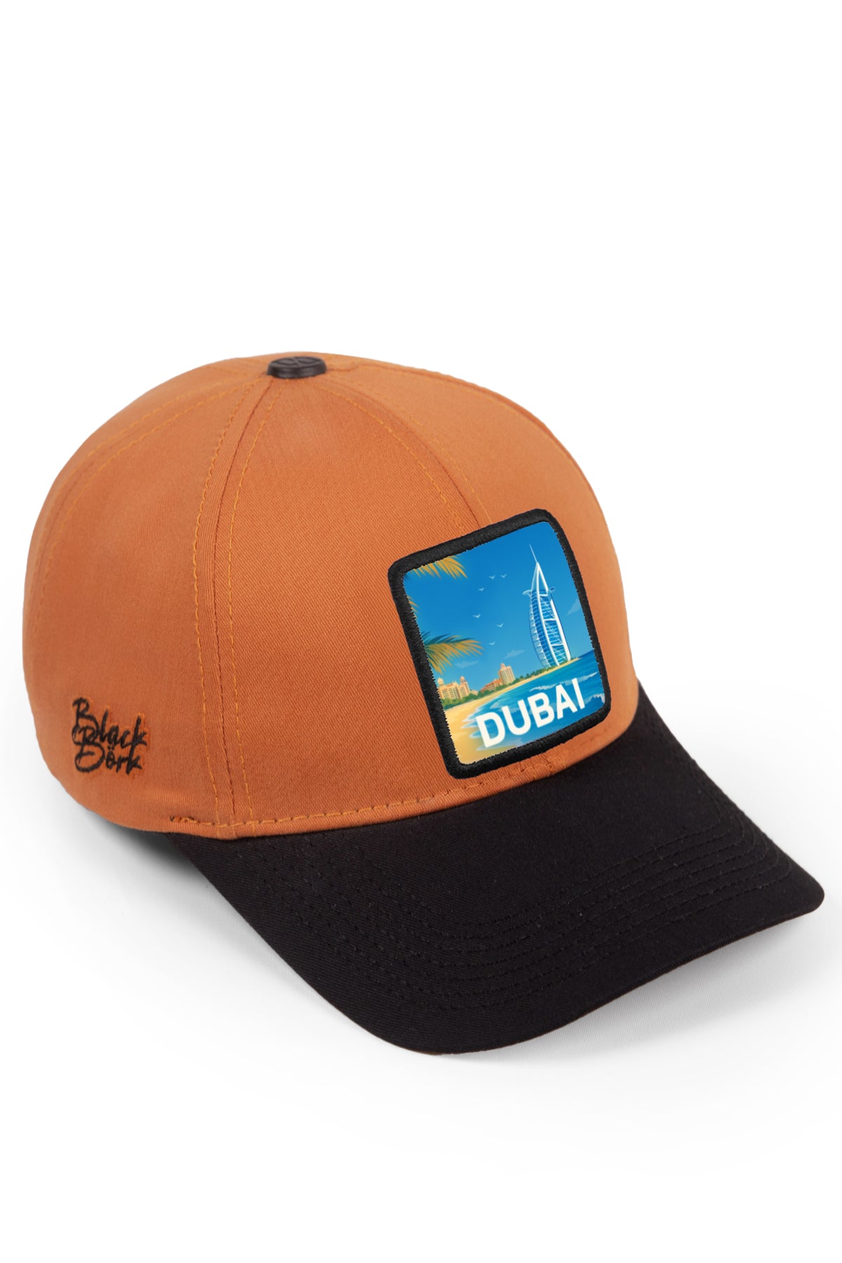 BlackBörk Burj Al Arab Baseball Cap – unisex orange and black cap with beach-view embroidery