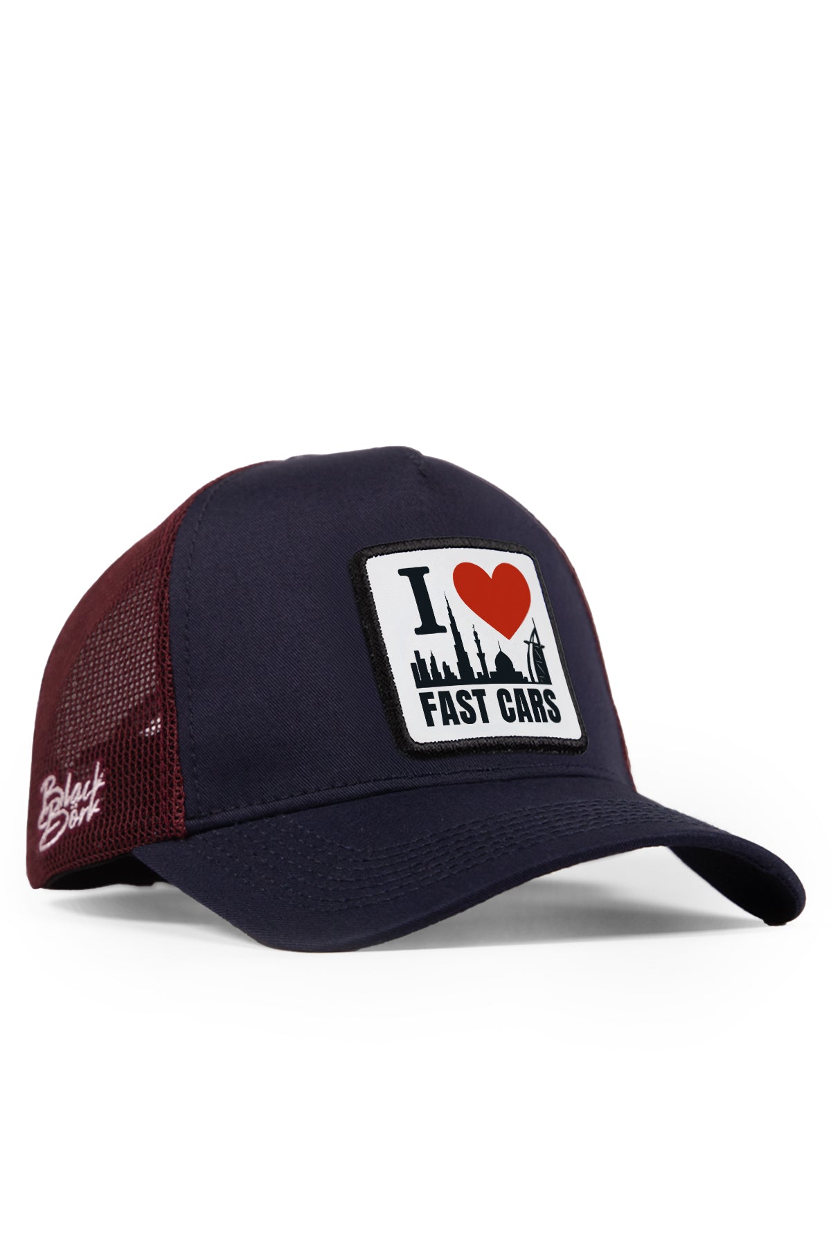 BlackBörk I Love Fast Cars Dubai Skyline Trucker Hat – navy and burgundy unisex cap