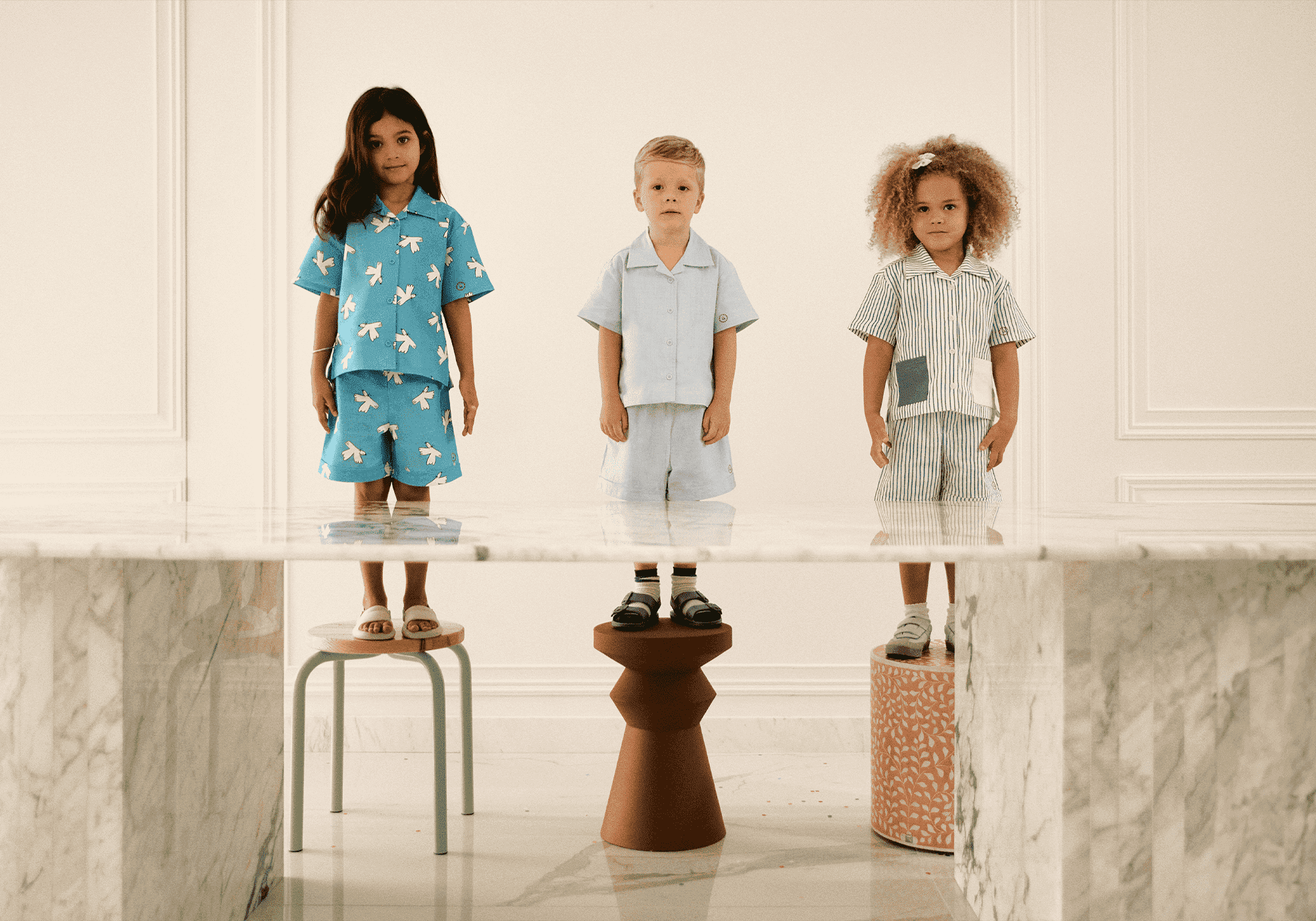 Dubai, UAE, Shopiva Avaacha kids co-ord sets—blue printed co-ord, light blue co-ord, and striped co-ord for boys and girls.