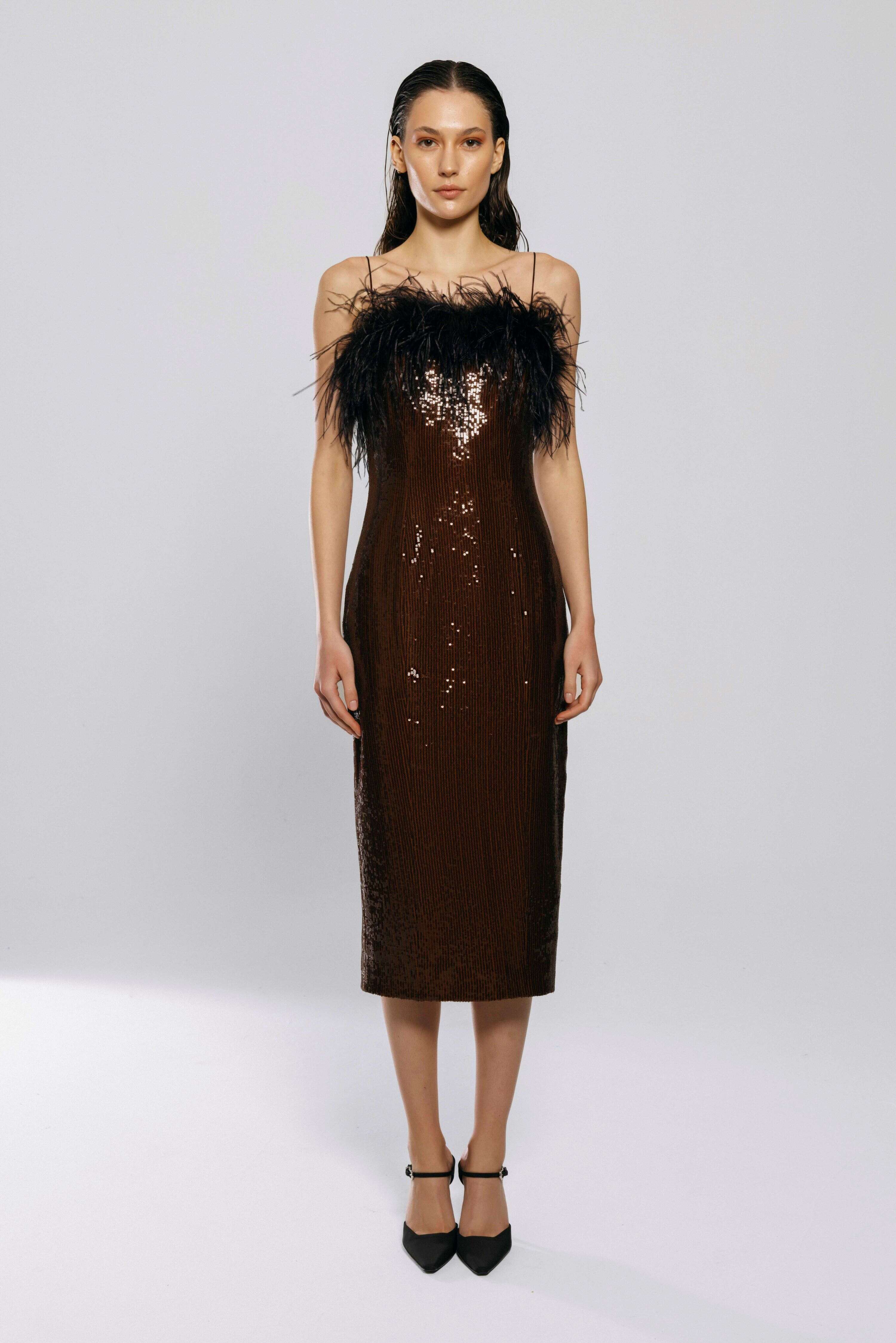 Dubai, UAE, Shopiva FILKK Brown Sequined Feather Dress women’s midi dress