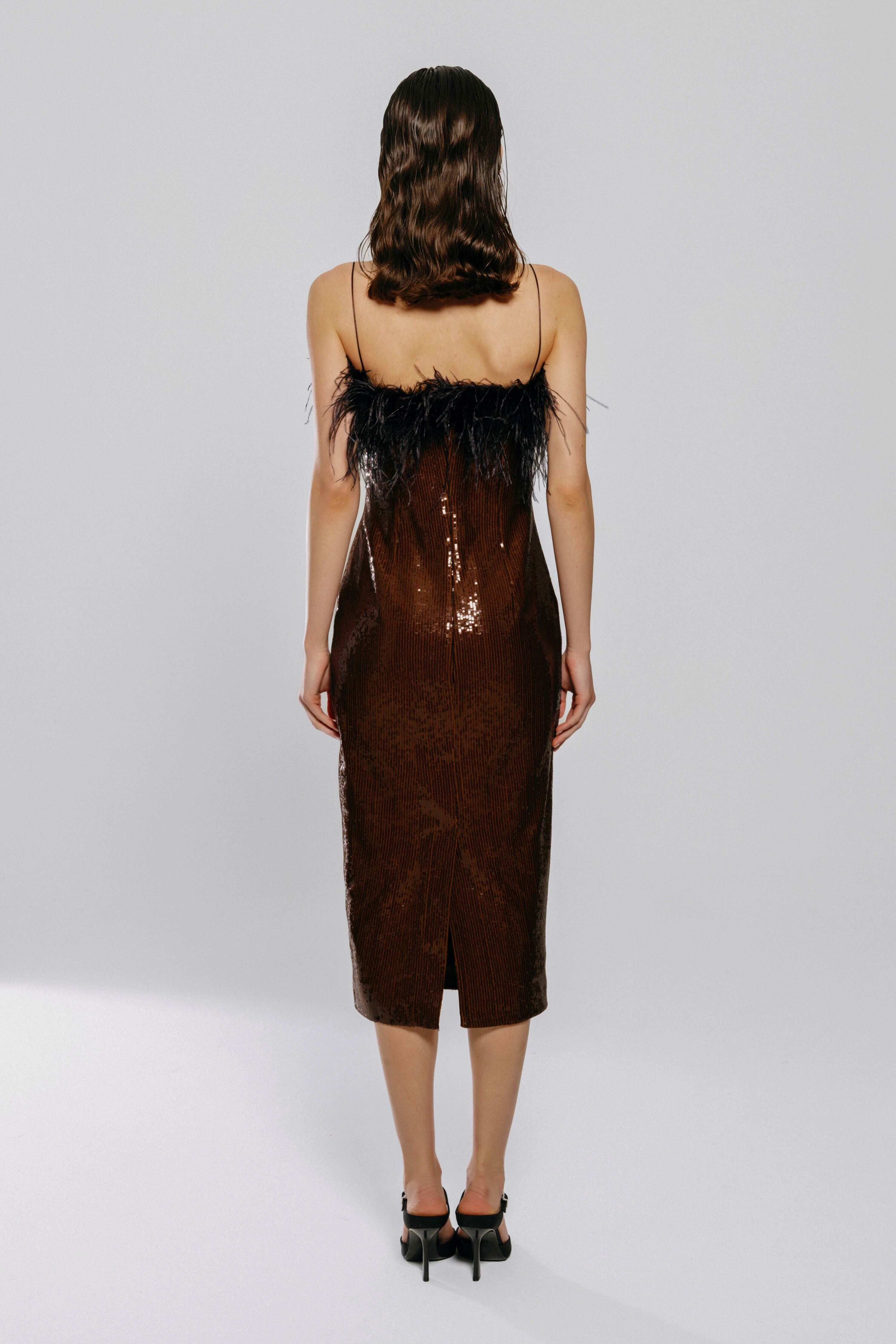 Dubai, UAE, Shopiva FILKK Brown Sequined Feather Dress women’s sequin dress with feather trim
