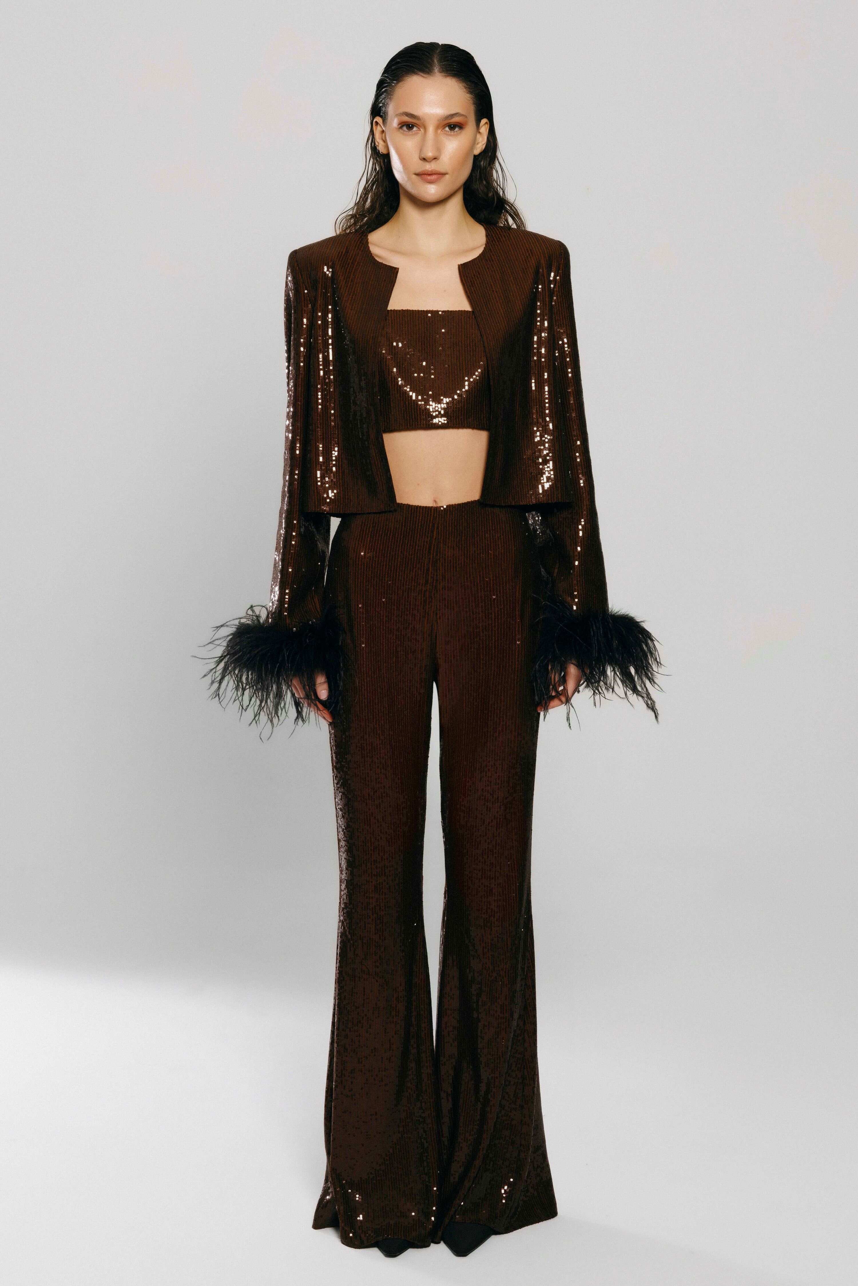 Dubai, UAE, Shopiva FILKK Brown Sequined Feather Jacket – women’s sequin jacket with feather cuffs