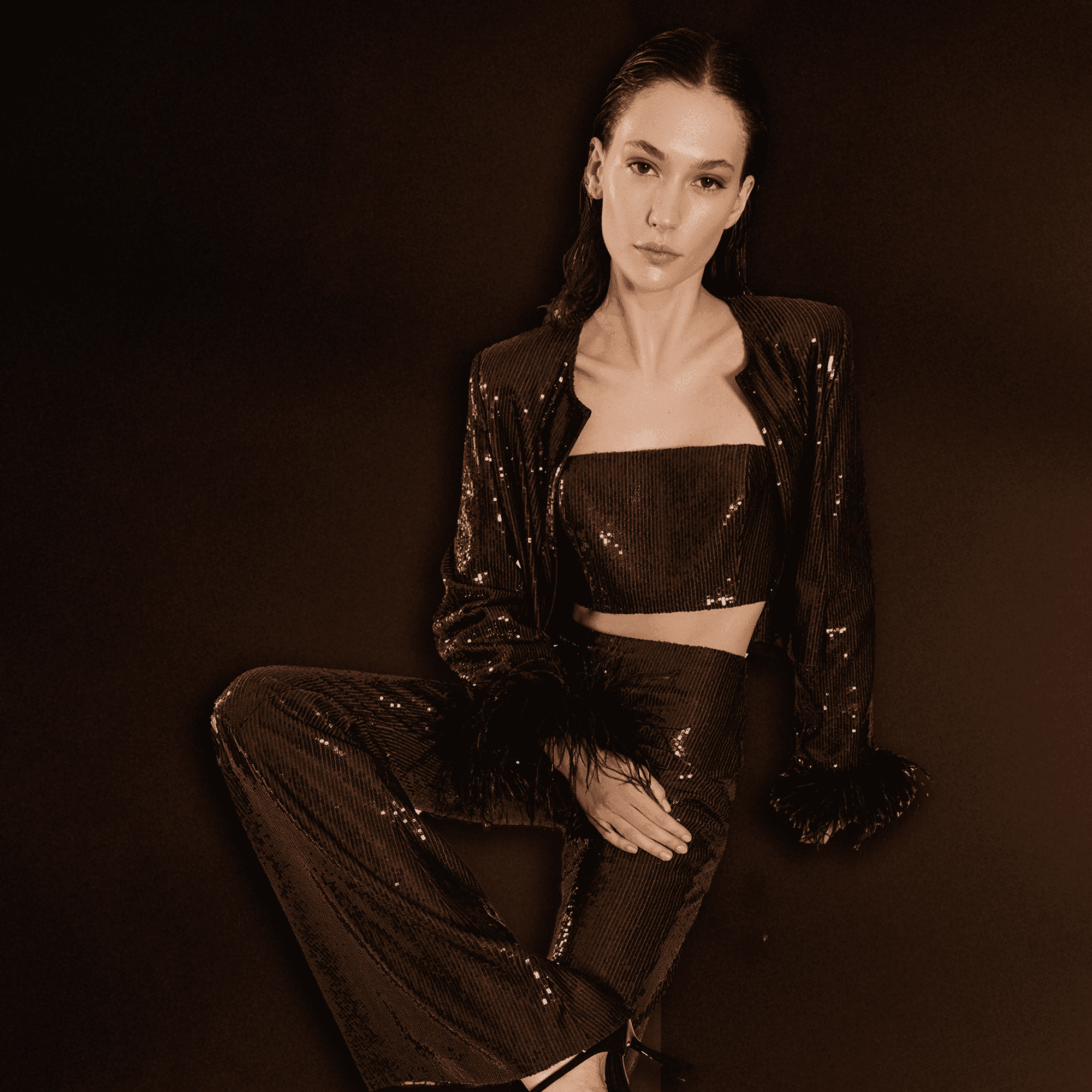 Dubai, UAE, Shopiva FILKK brown sequin co-ord set with crop top, wide-leg trousers, and feather-cuff jacket