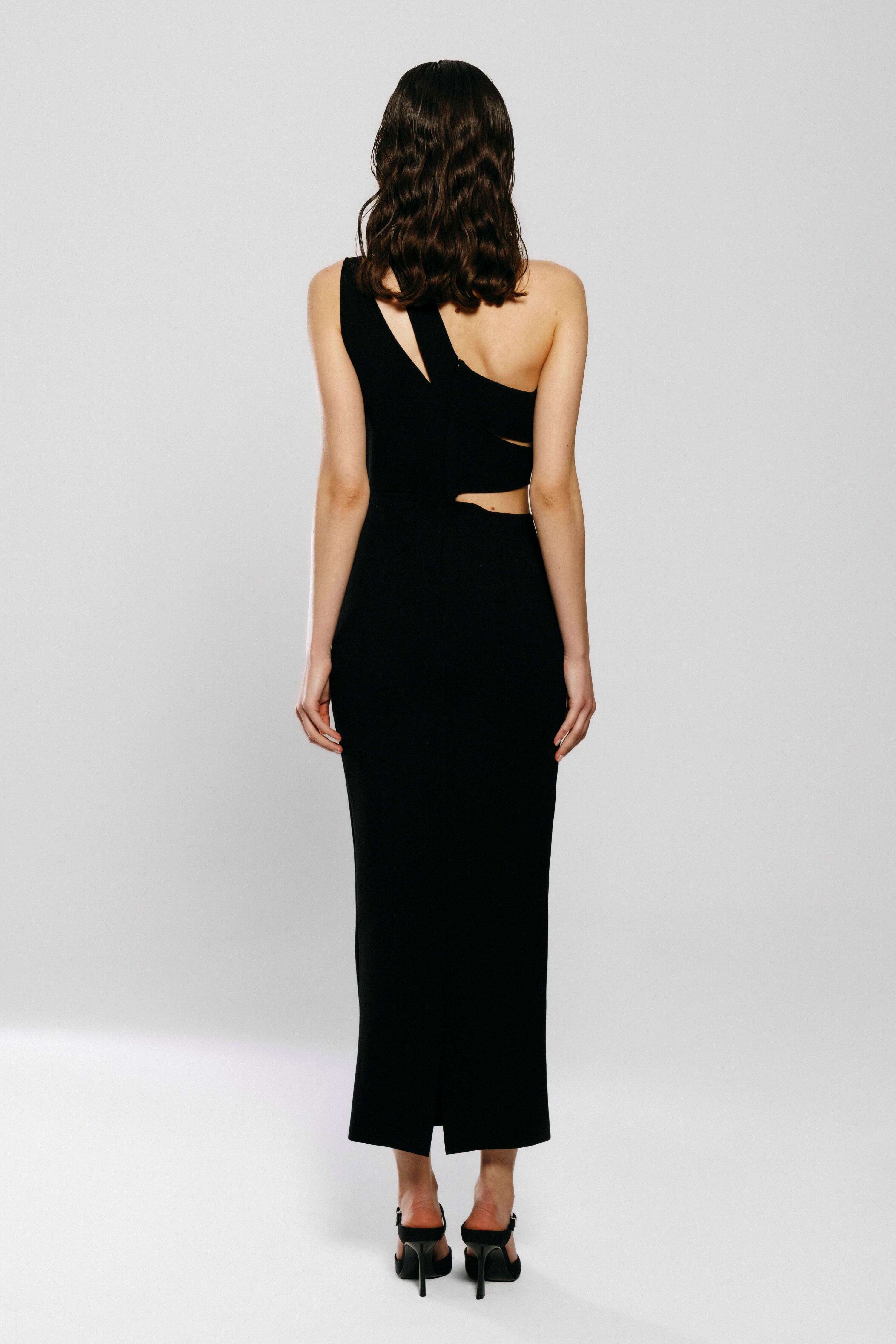 Dubai, UAE, Shopiva FILKK Black Knit Midi Cutout Dress women’s one-shoulder midi dress with cut-out