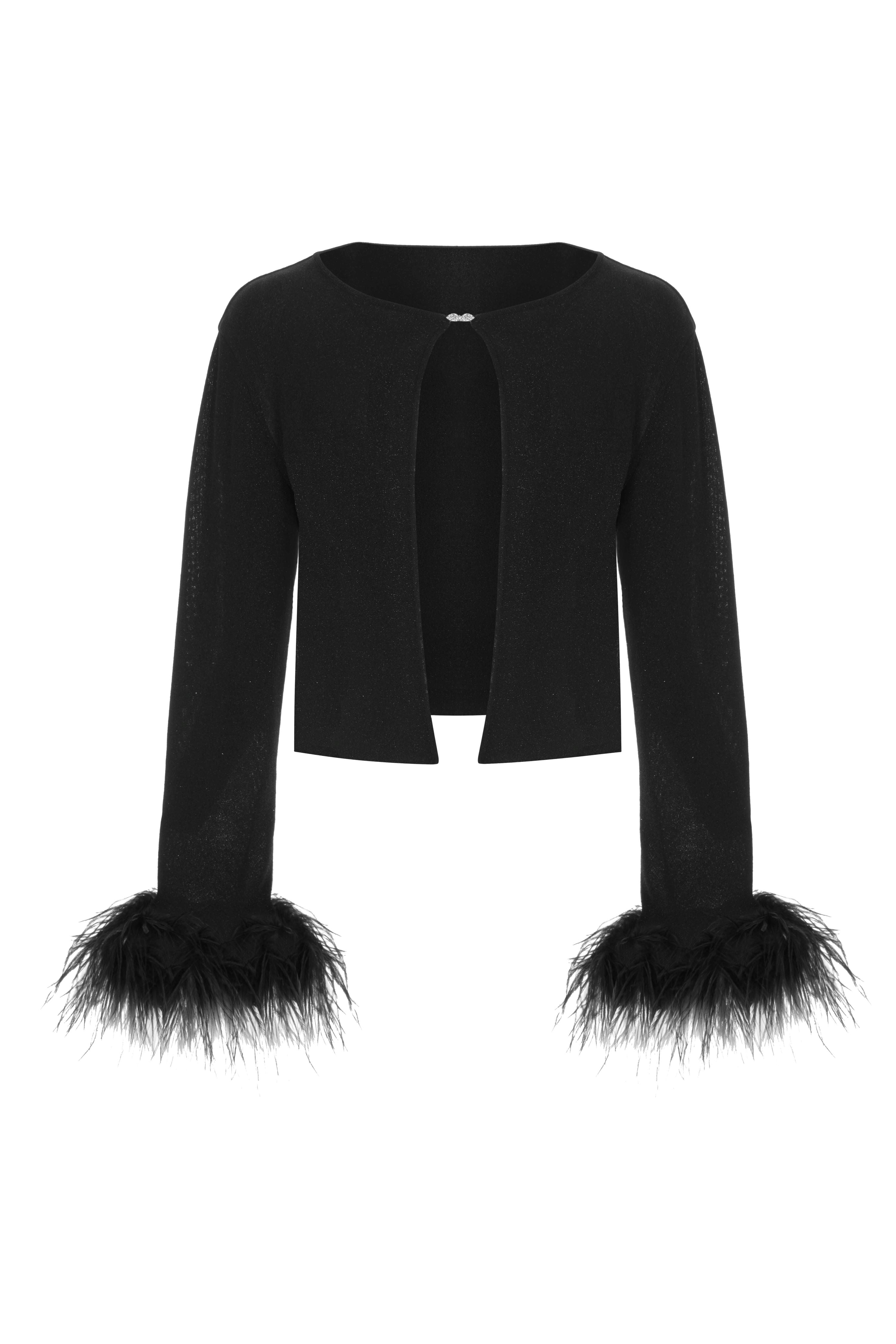 Black Glitter Knit Feather Jacket