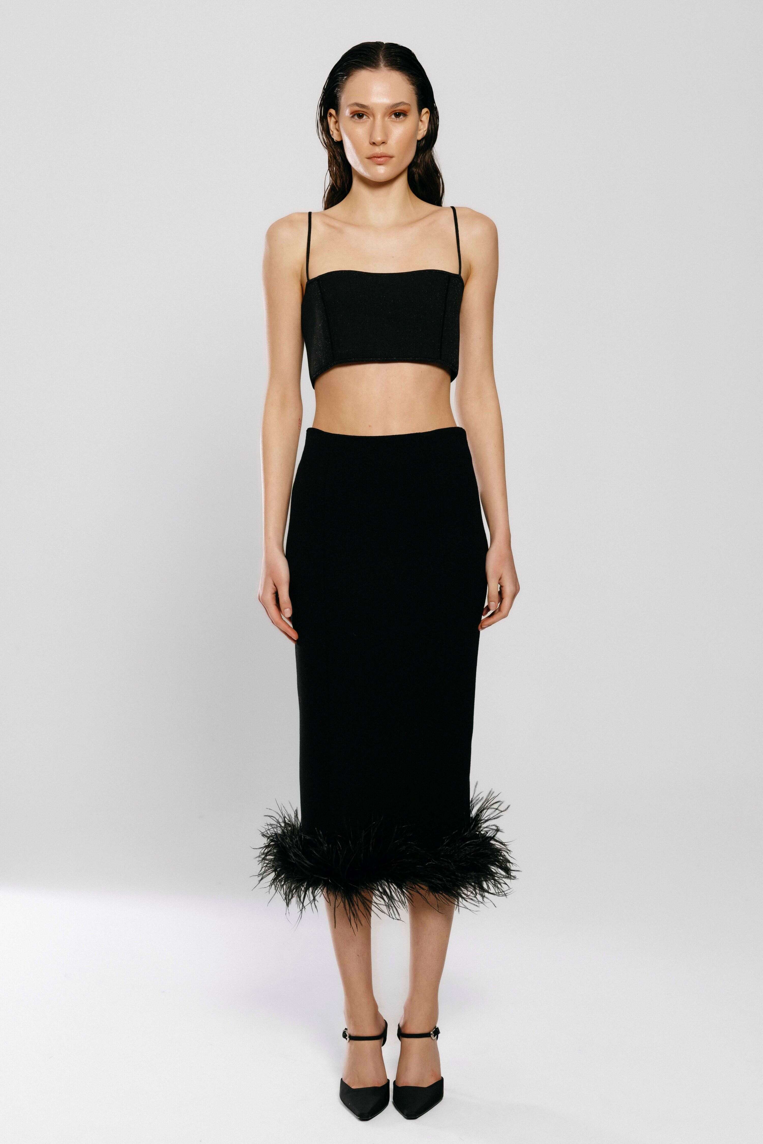 Dubai, UAE, Shopiva FILKK Black Knit Feather Midi Skirt – women’s midi skirt