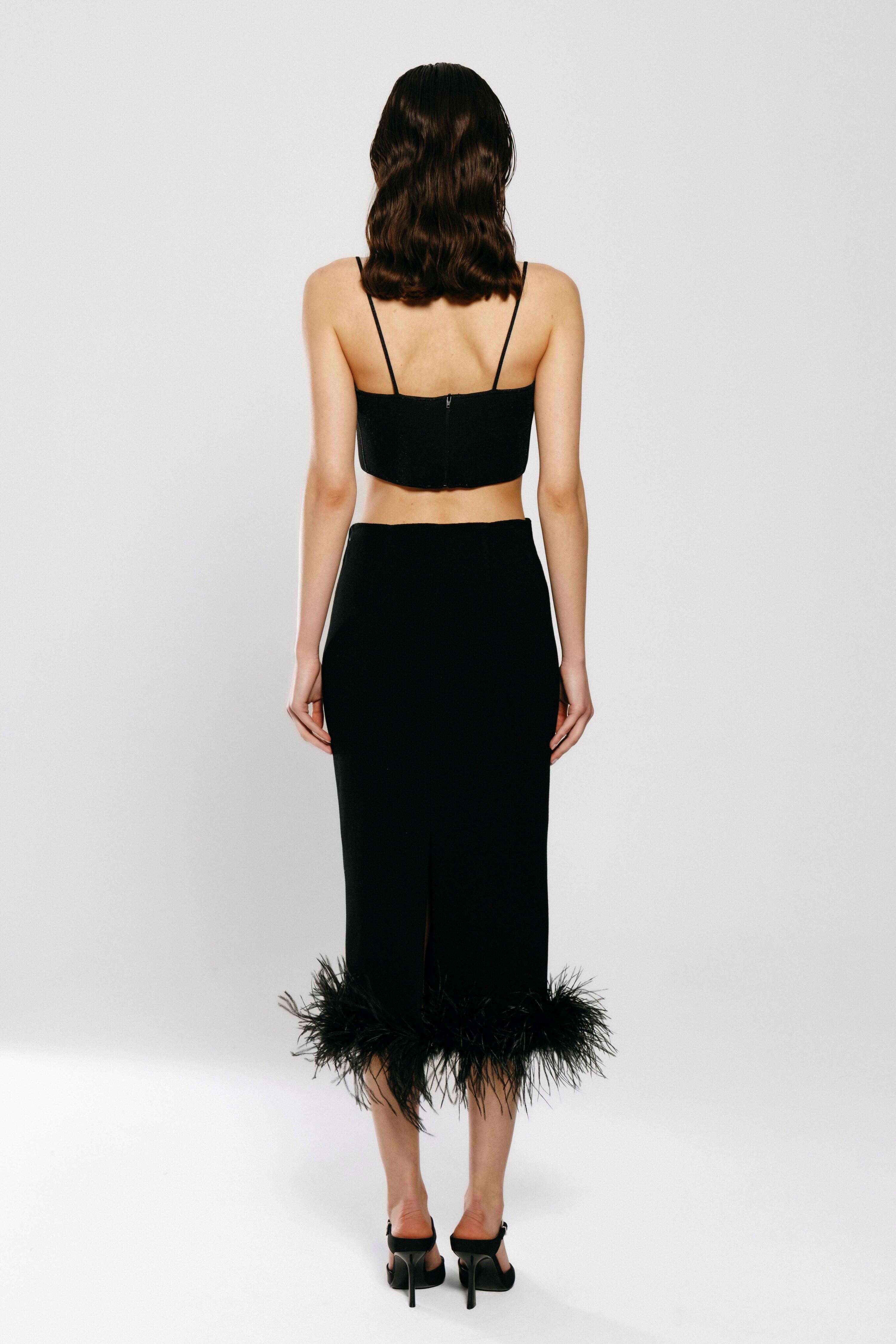 Dubai, UAE, Shopiva FILKK Black Knit Feather Midi Skirt – women’s high-waist knit skirt with feather hem