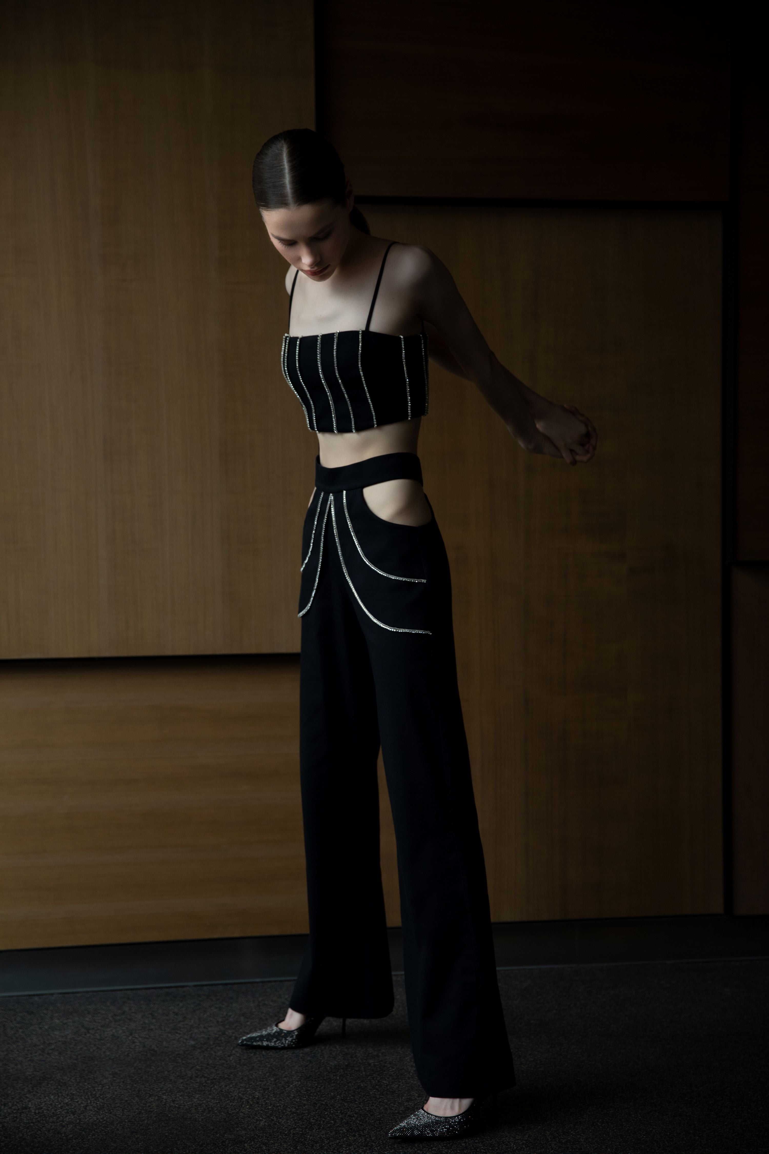 Black Rhinestone Cutout Pants