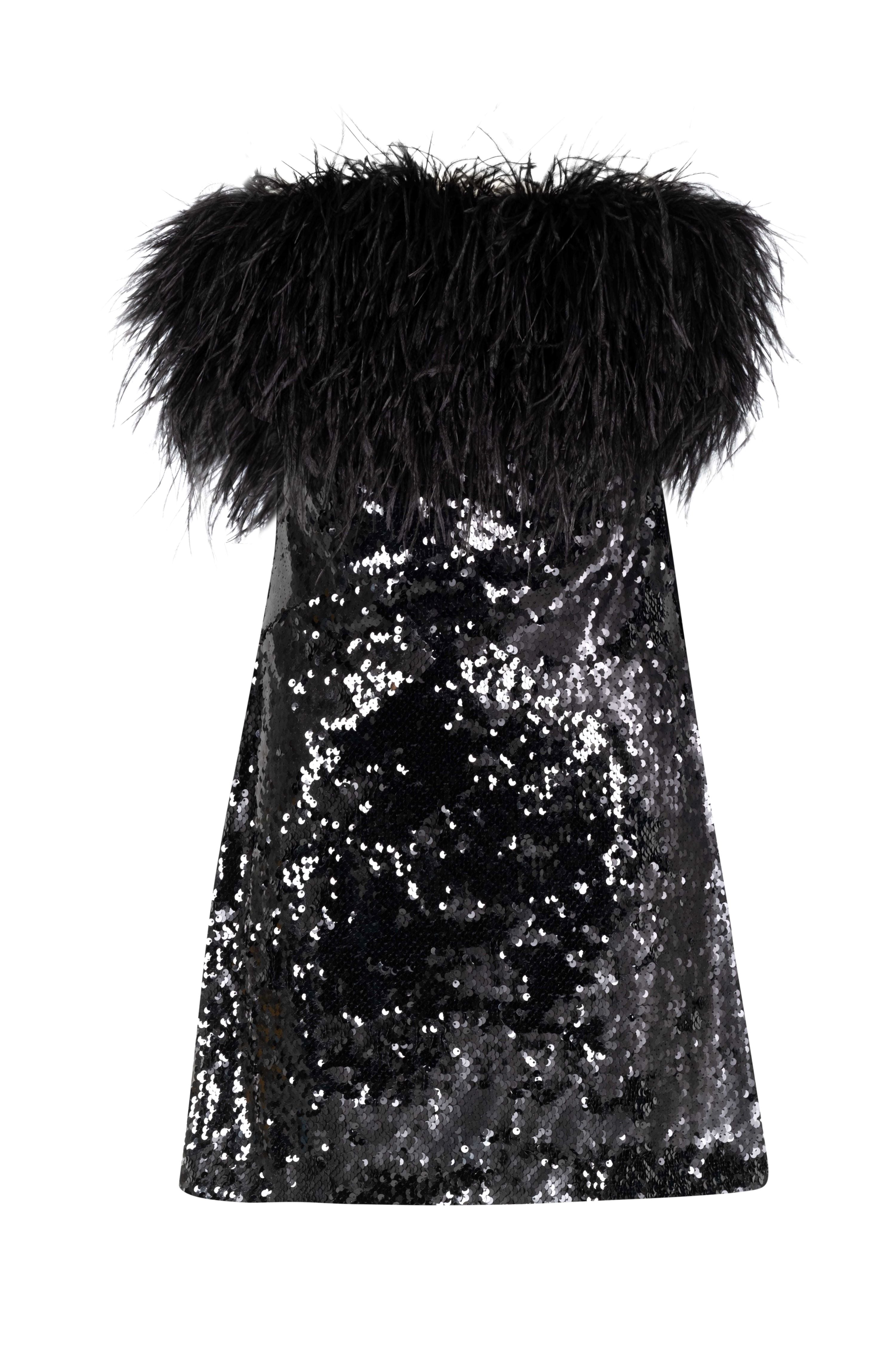 Black Sequined Mini Feather Dress