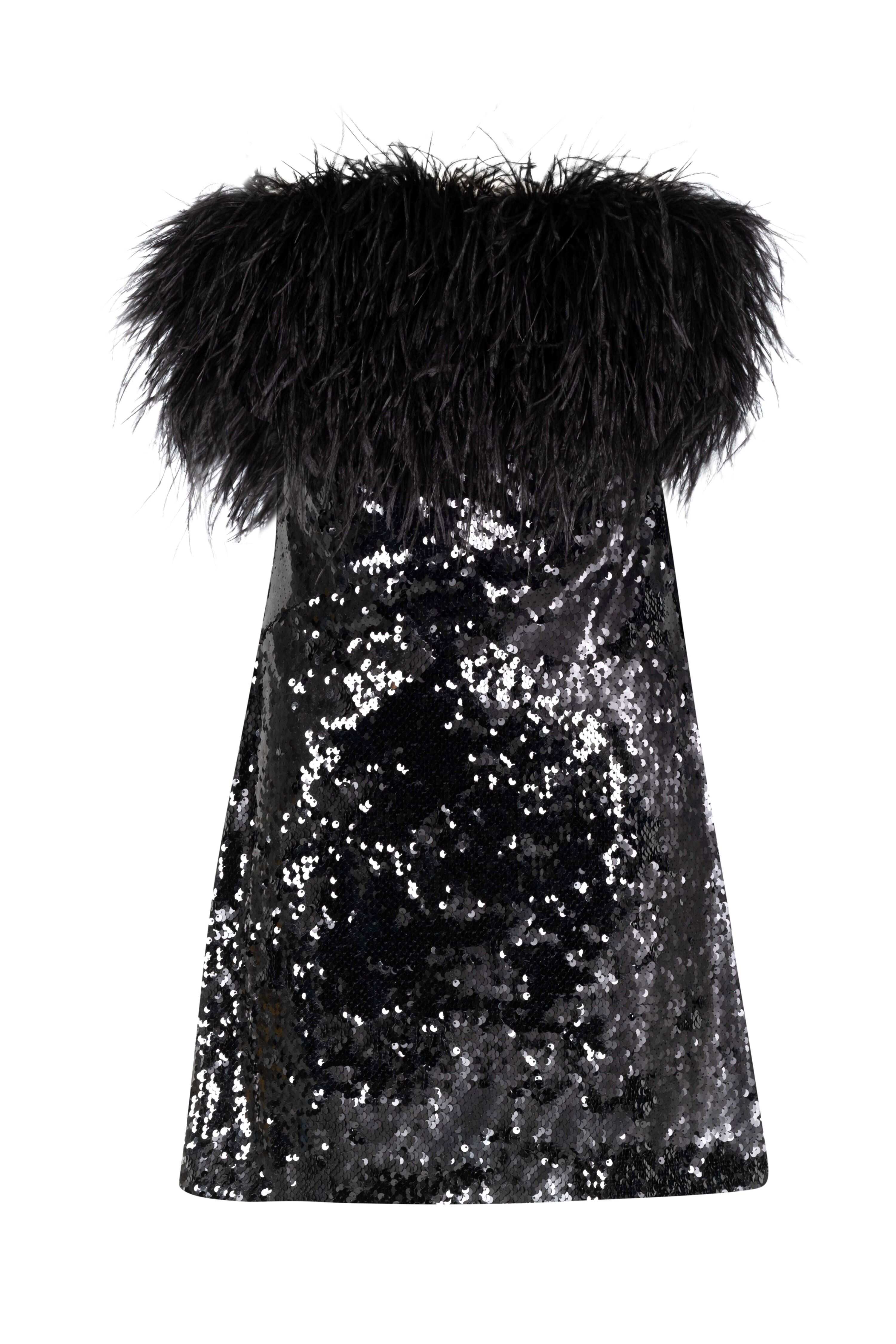 Dubai, UAE, Shopiva FILKK Black Sequined Mini Feather Dress – women’s party mini dress with feathers