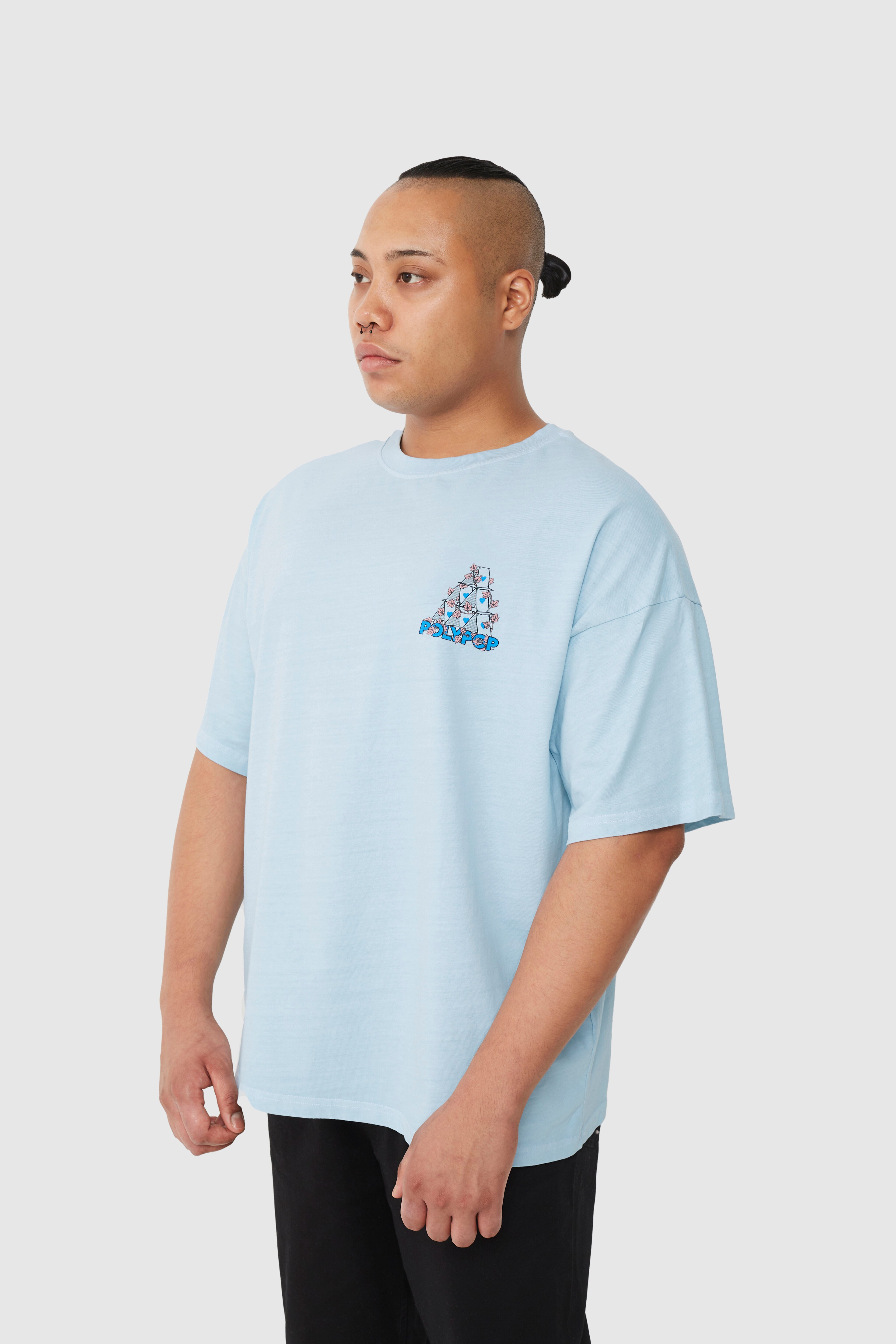 Polypop House of Cards Boxy Fit T-Shirt – oversized pale blue streetwear graphic tee