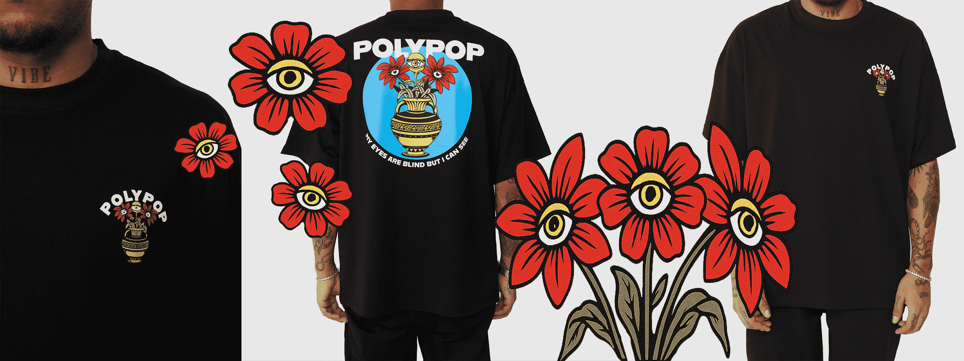 Dubai, UAE, Shopiva Polypop black oversized graphic T-shirt with vase and all-seeing eye flower print, front and back design.