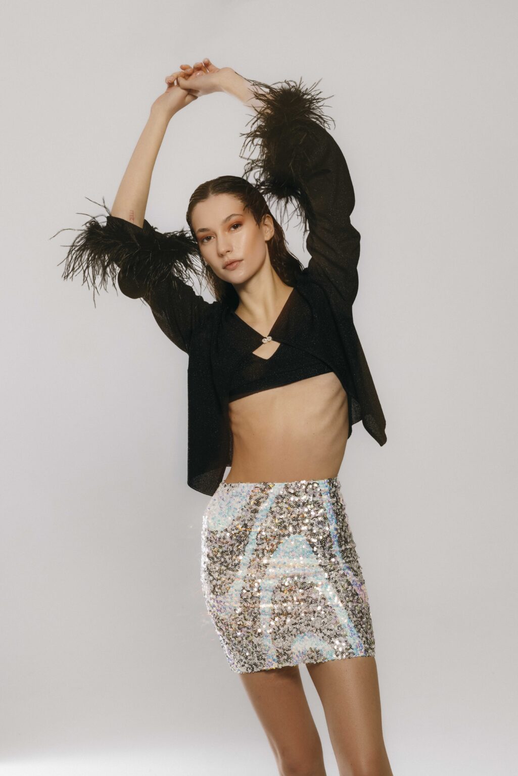 Black Glitter Knit Feather Jacket