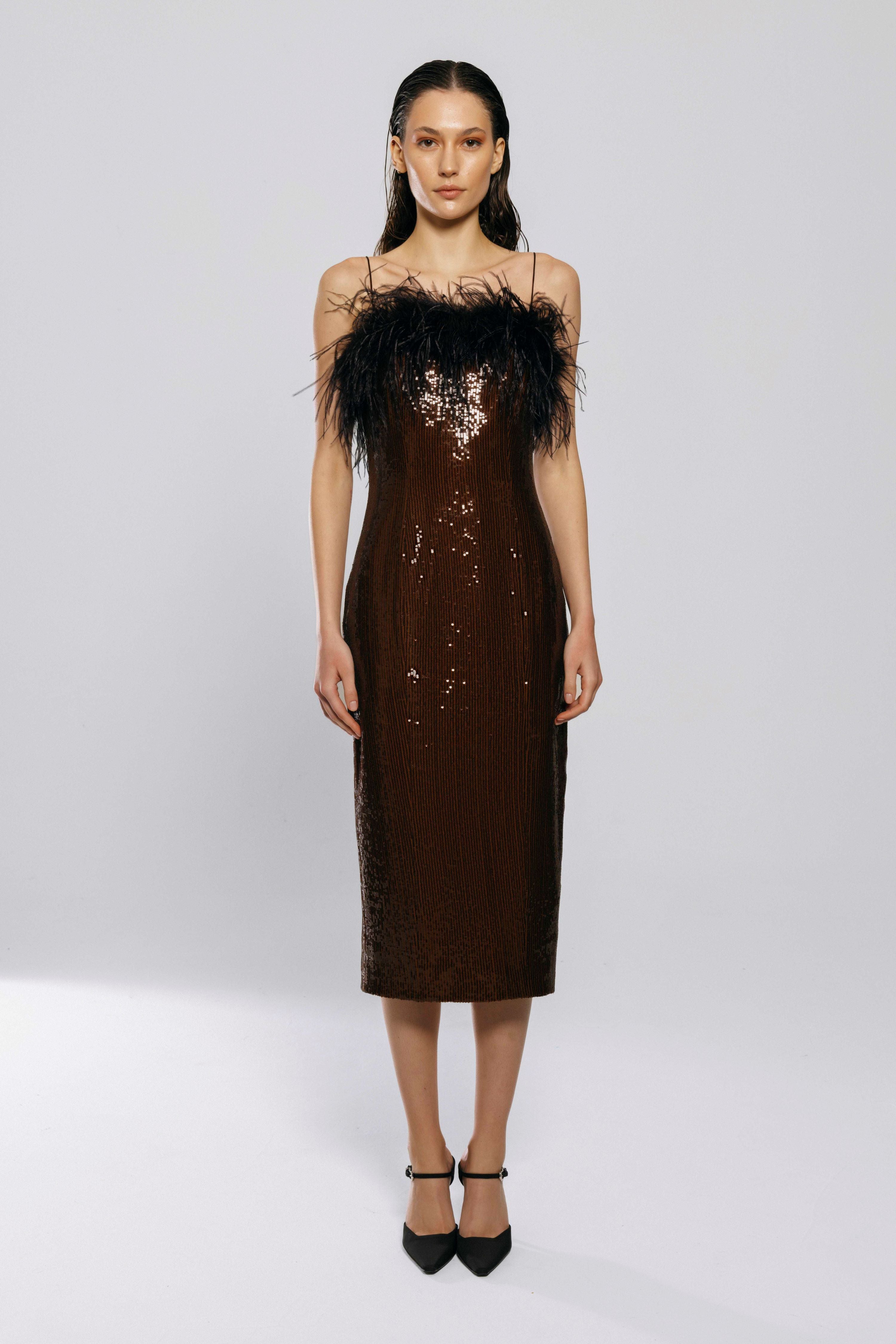 Brown Sequined Feather Dress