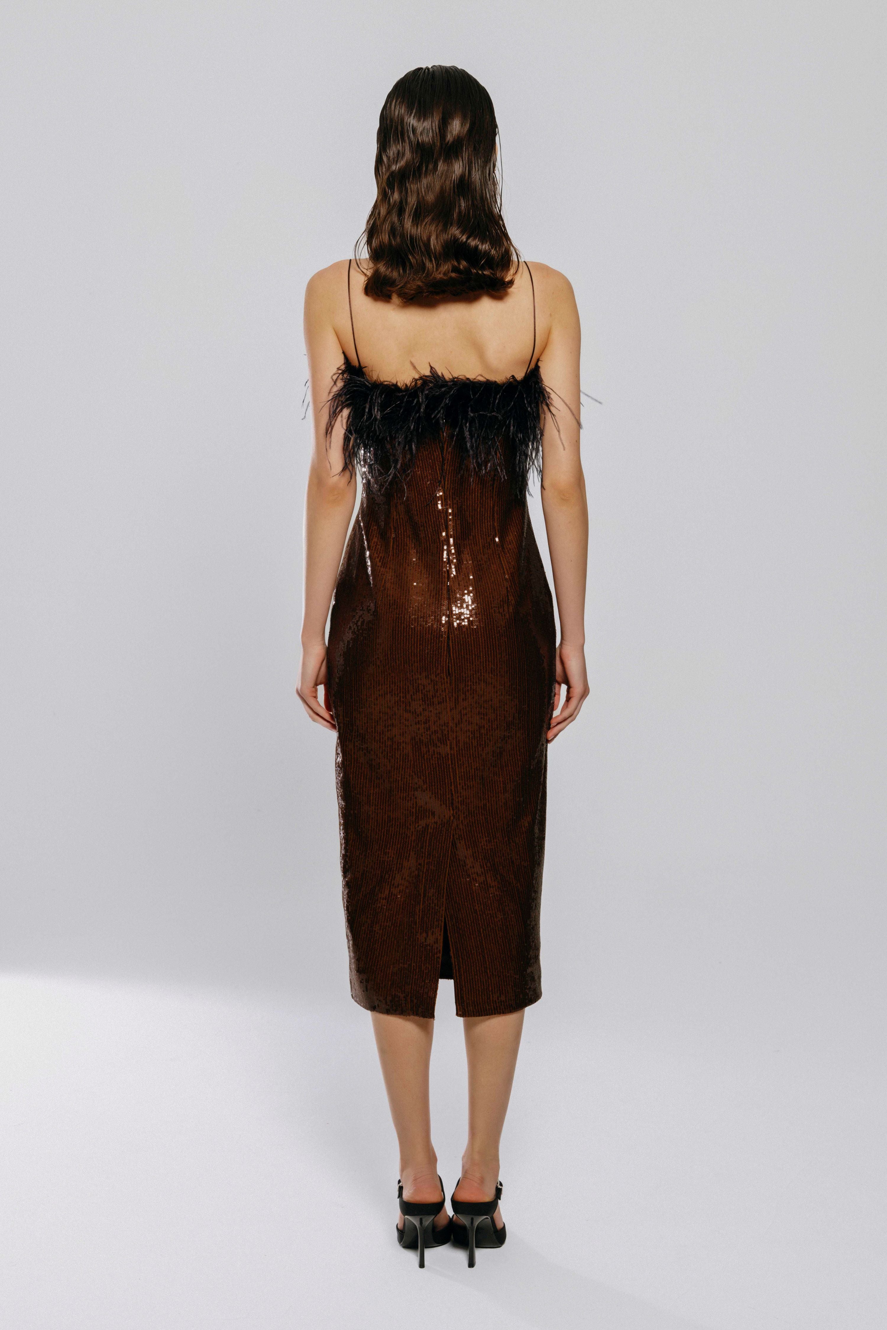 Brown Sequined Feather Dress