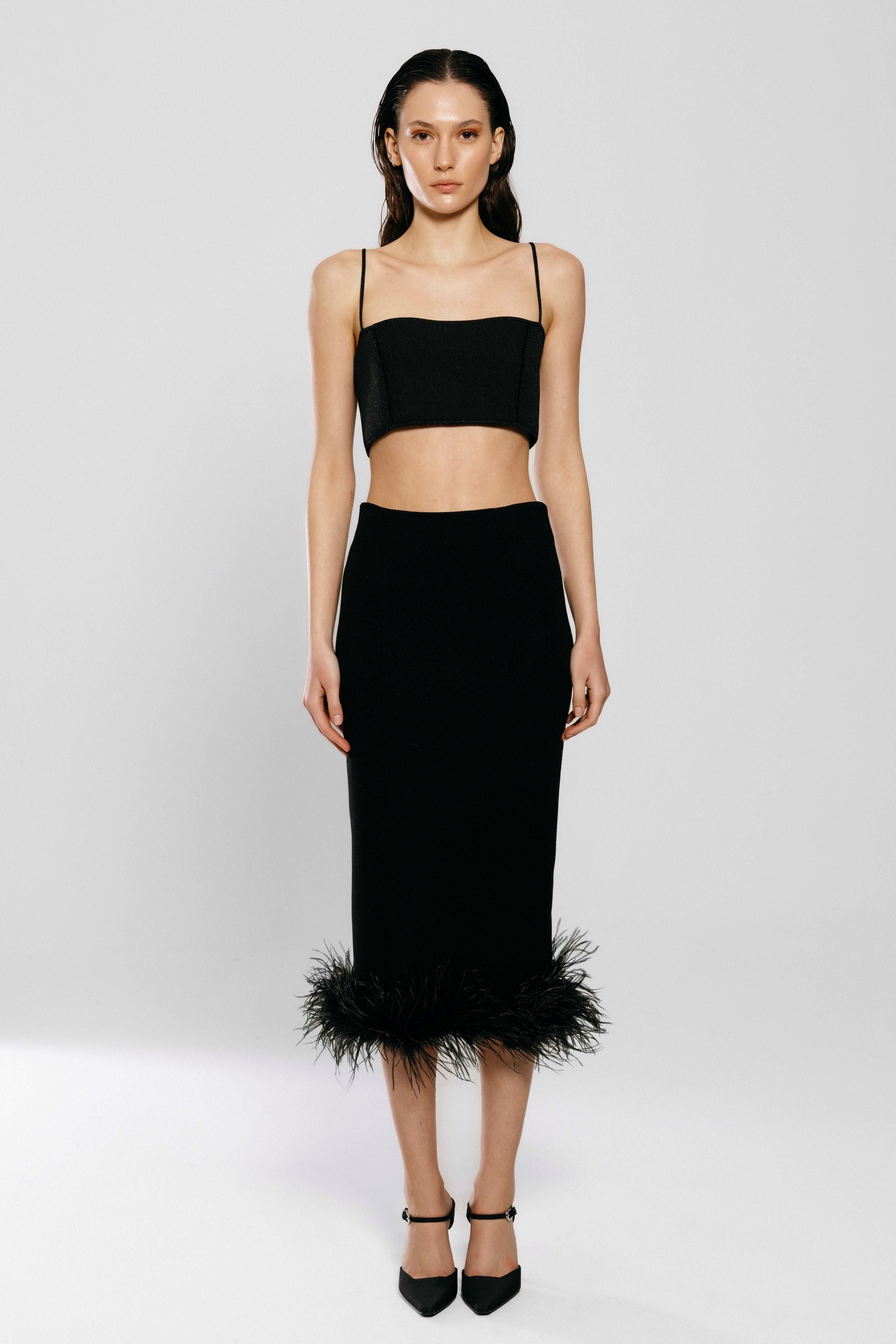 Black Knit Feather Midi Skirt