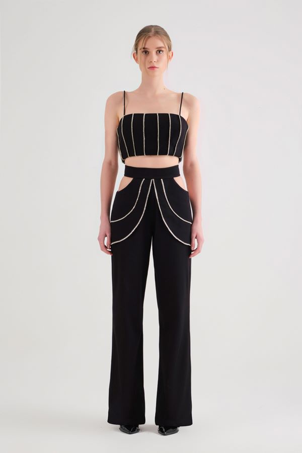 Black Rhinestone Cutout Pants