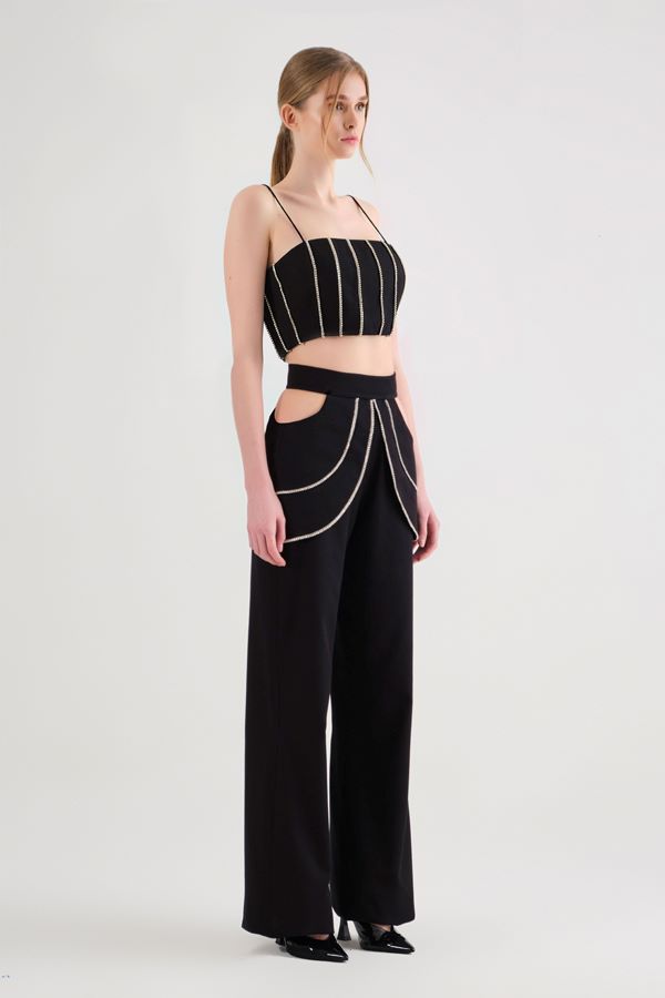 Black Rhinestone Cutout Pants