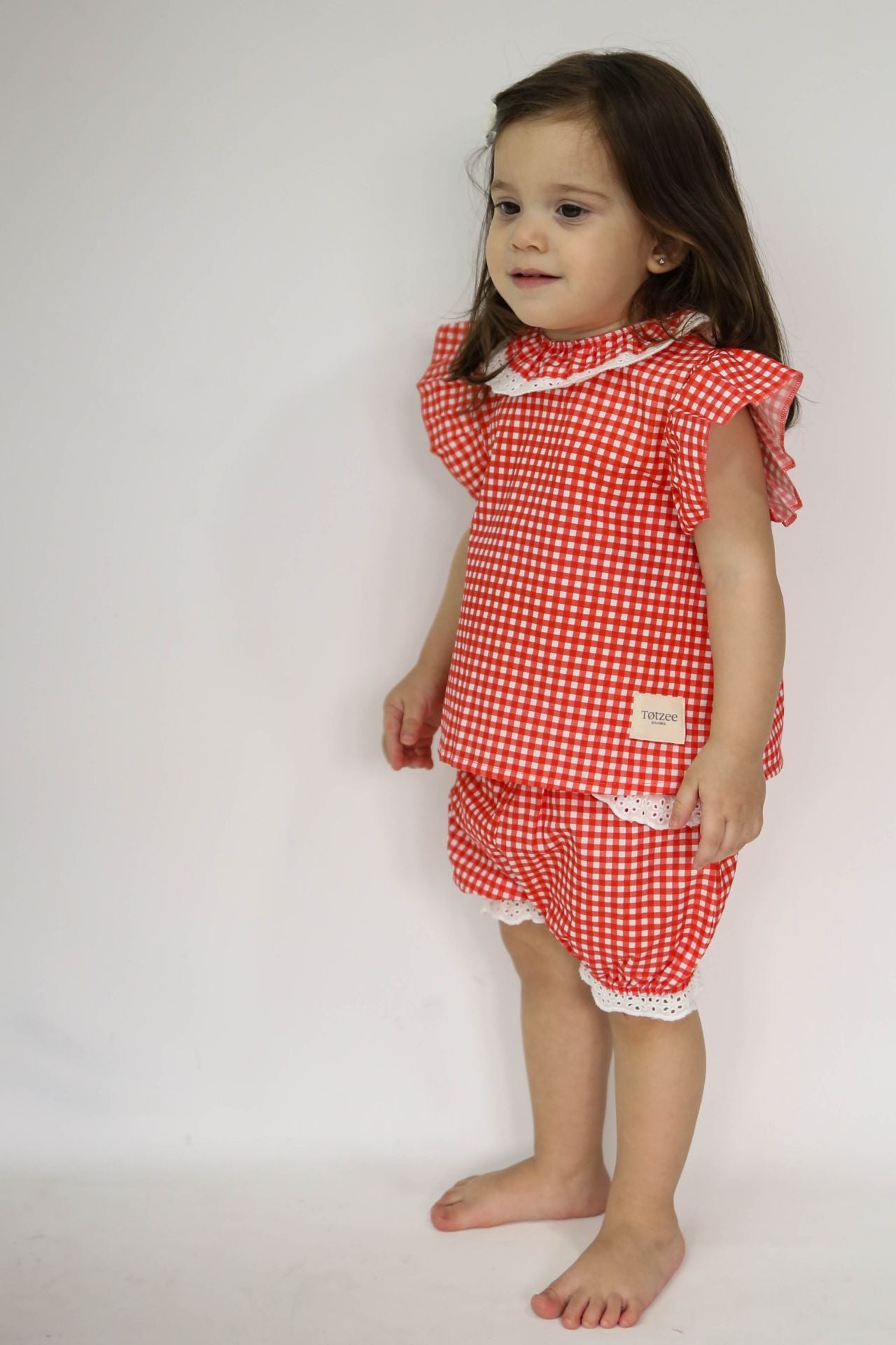 Broderie Anglaise Collar Top Mini Plaid Red & White