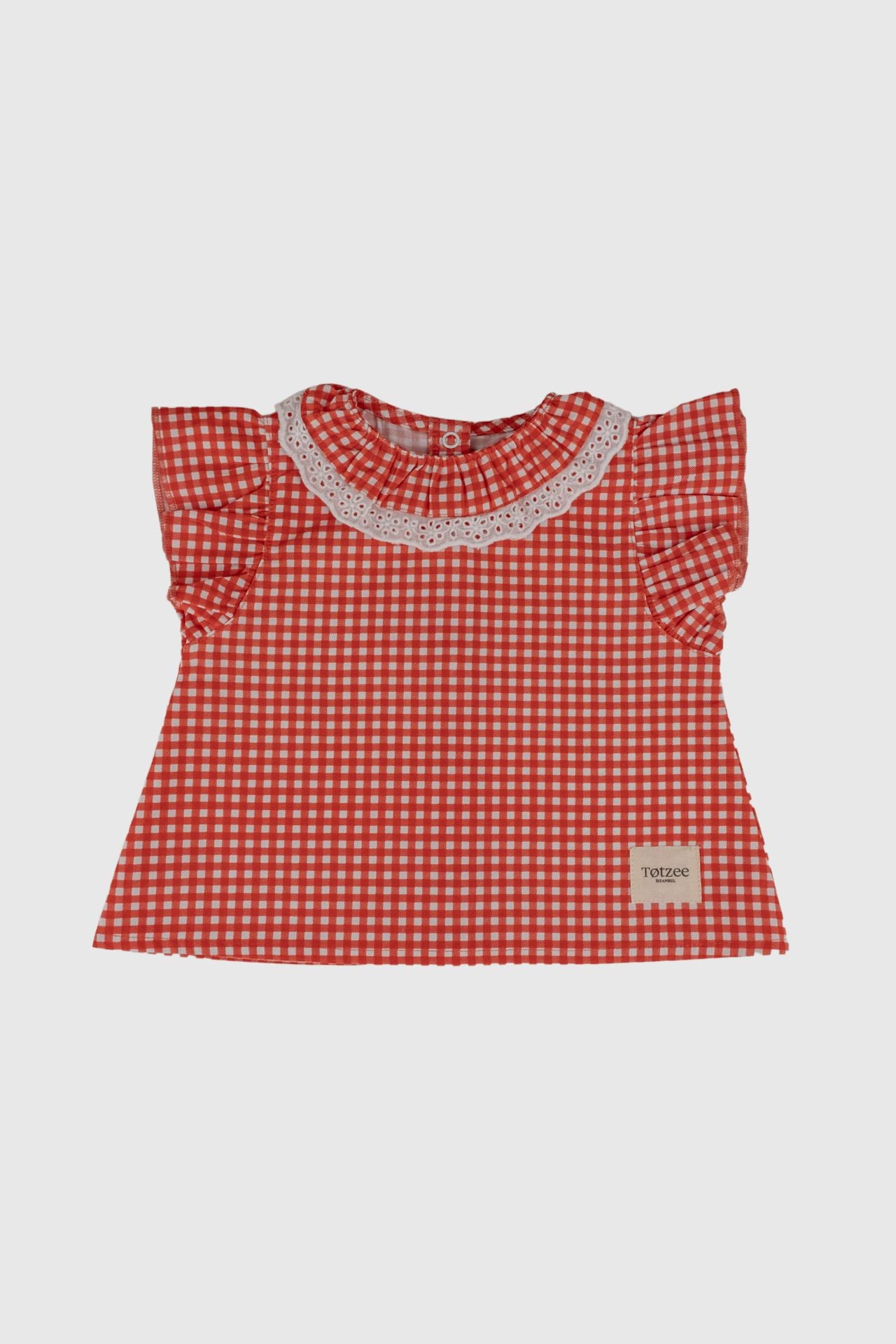 Broderie Anglaise Collar Top Mini Plaid Red & White