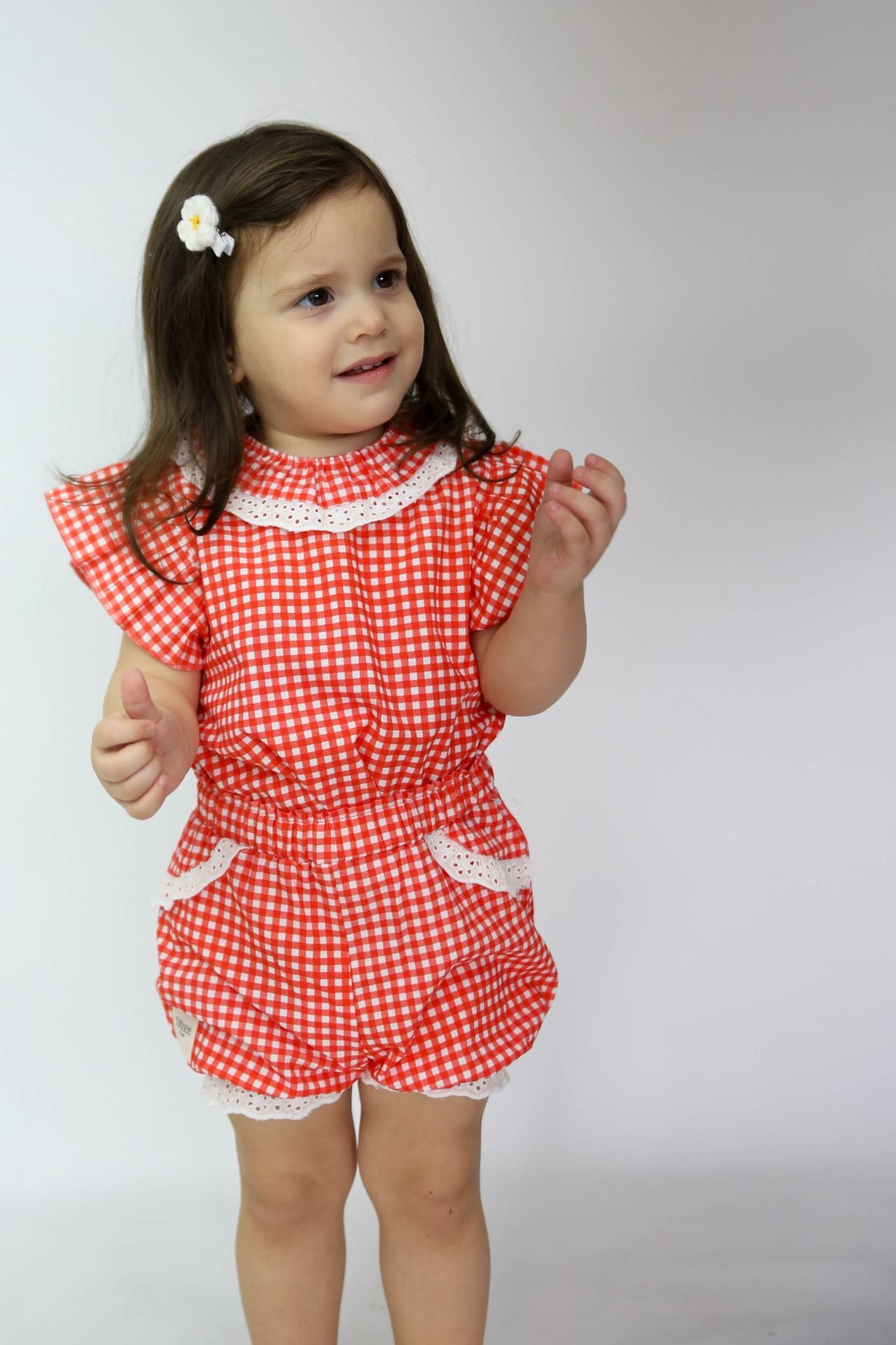 Broderie Anglaise Trim Shorts Mini Plaid Red & White