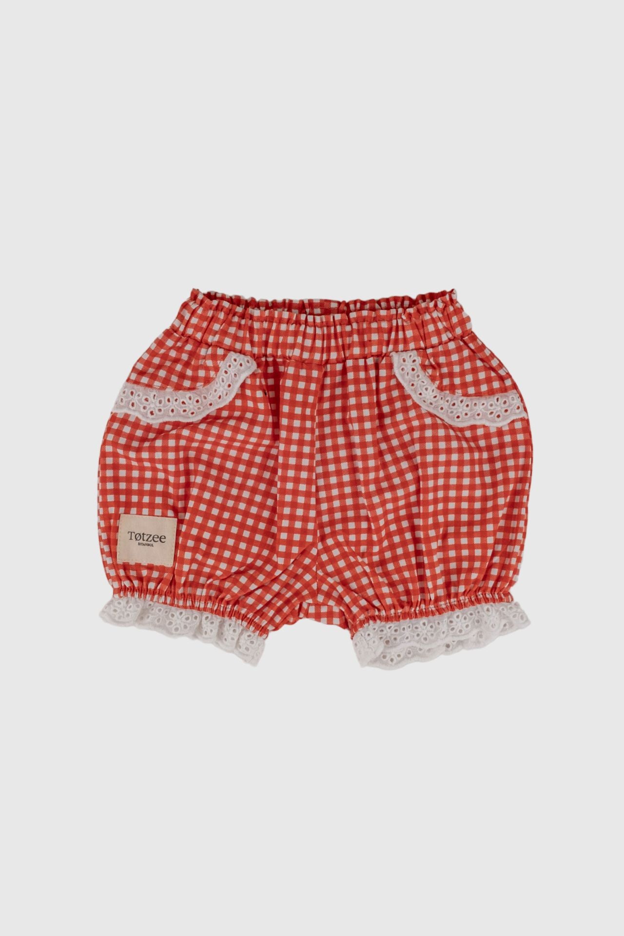 Broderie Anglaise Trim Shorts Mini Plaid Red & White