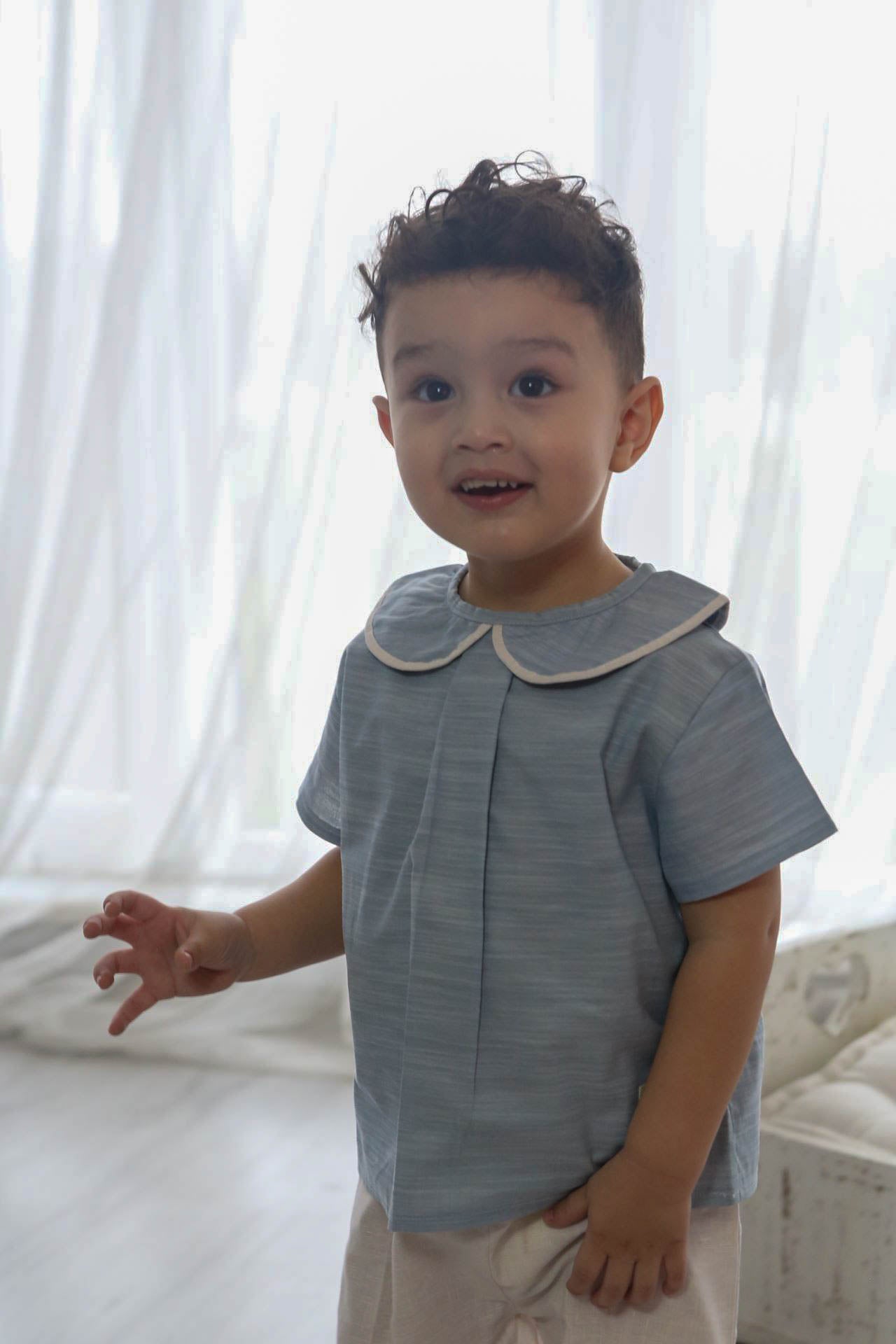 Linen Baby Collar Pleated Top Nile Blue