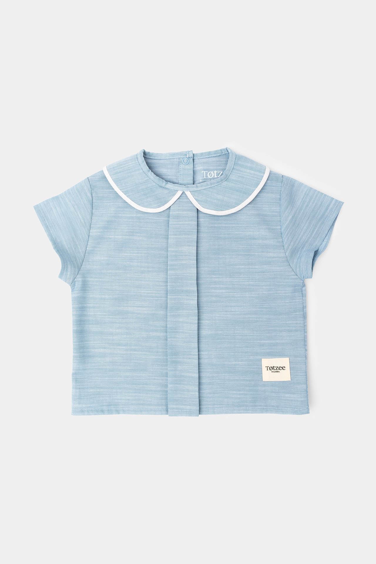 Linen Baby Collar Pleated Top Nile Blue