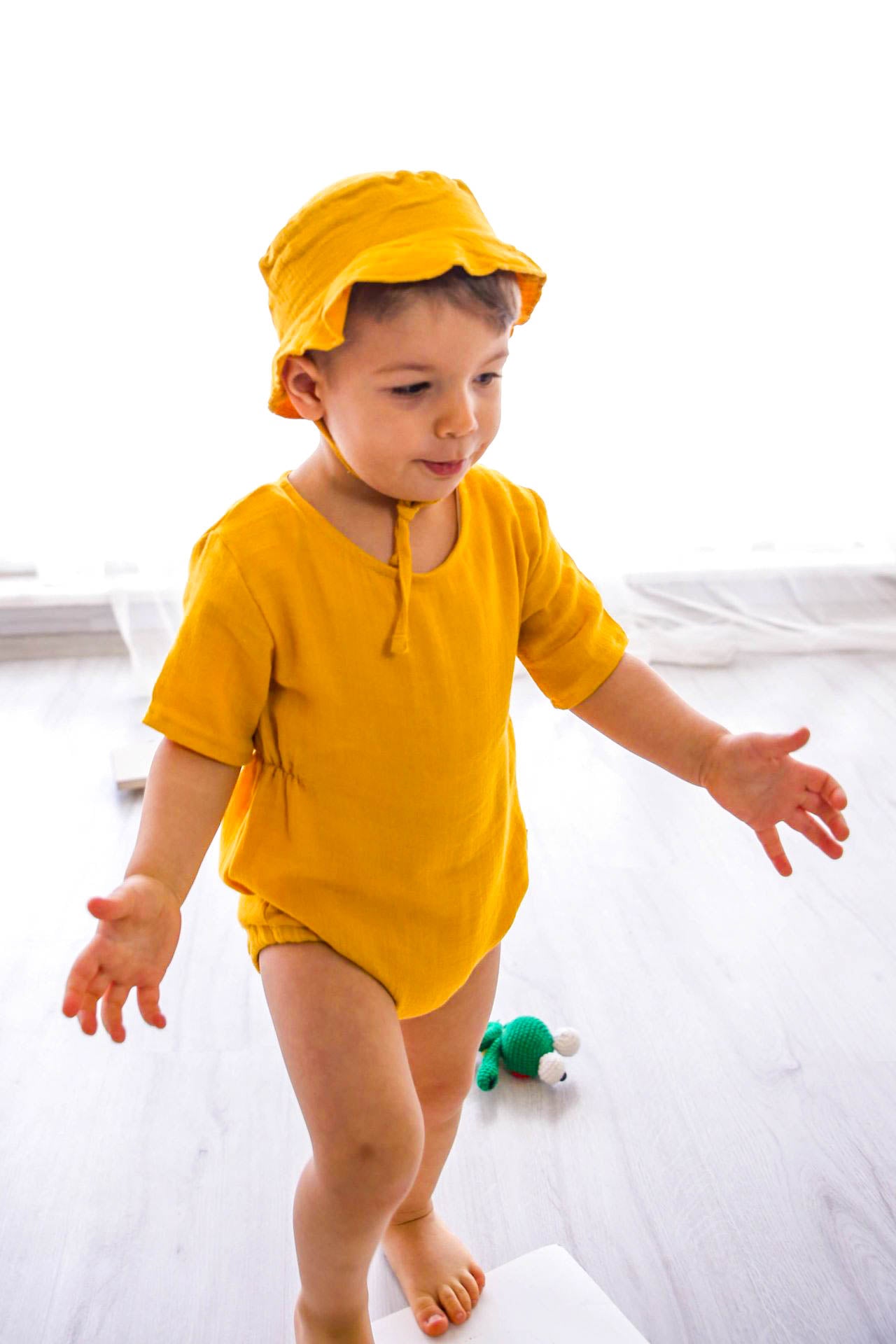 Muslin Waist Gathered Romper Autumn Yellow